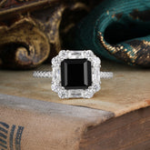 2.5CT Radiant Cut Black Onyx Engagement Ring Pave Halo Bridal Ring